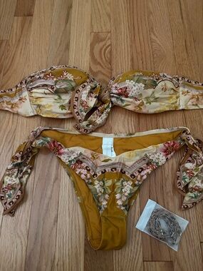 Zimmermann size 4 (US 12) Floral Mustard Tie-Side Bikini Set